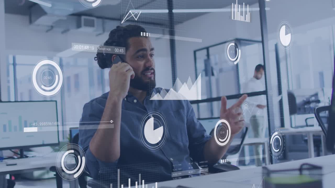 animación de la red de conexiones con iconos sobre empresario biracial que usa un teléfono inteligente