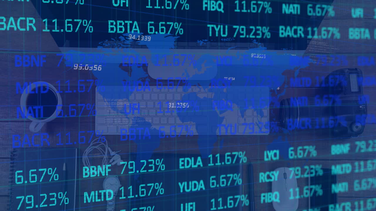 Animation of financial data processing over desk with computer