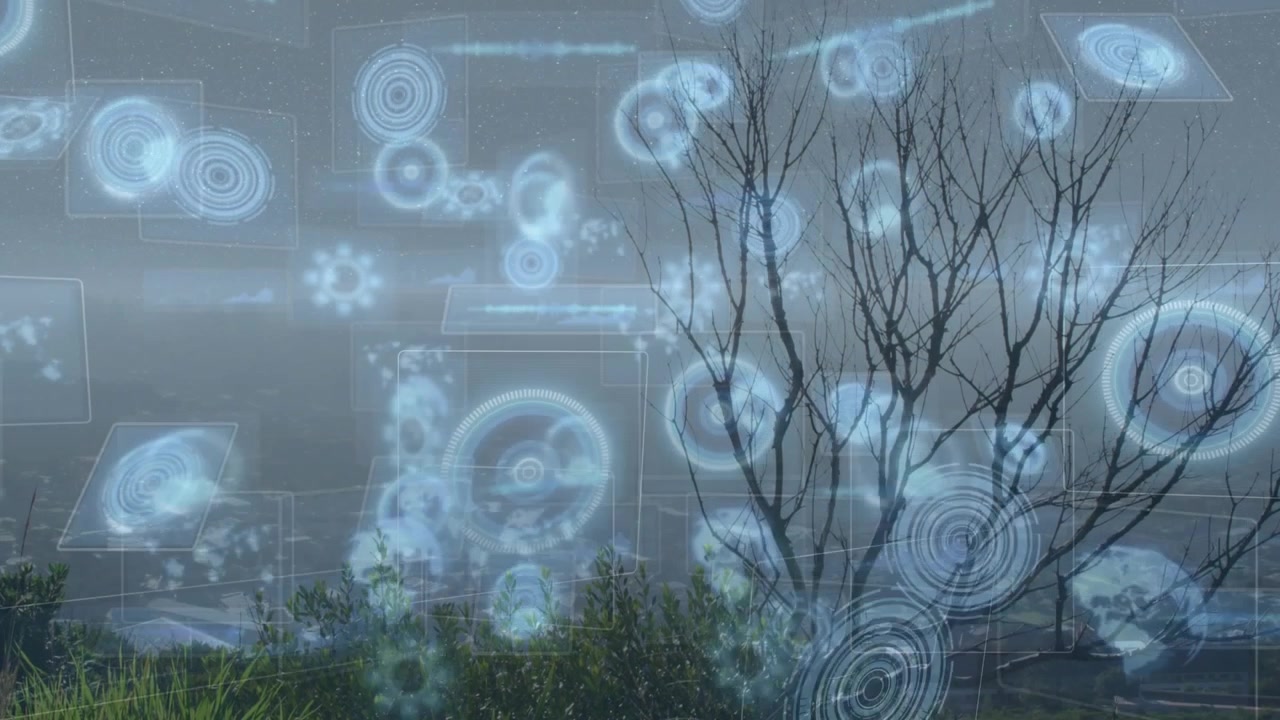 After one-second holographic icons materializing over valley and tree rotating to create interface