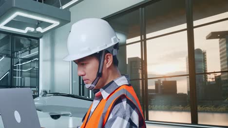 vista lateral cercana de un ingeniero masculino asiático con casco de seguridad trabajando en una computadora portátil mientras está de pie con un proyecto de drones