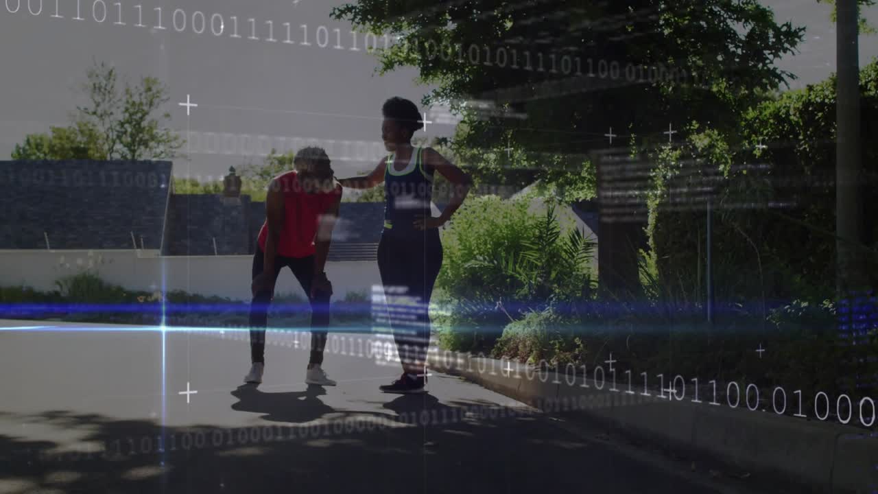 Jogging partners maintaining pace on fitness path, man bending over fatigue initiating support icon