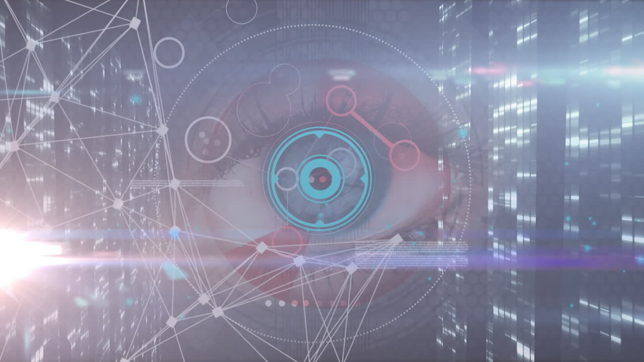 animazione di tracce luminose su colonne mobili, rete di connessioni e occhio