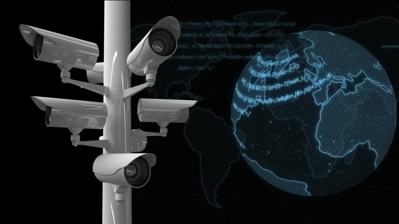 Telecamere a circuito chiuso e globo digitale con mappa del mondo