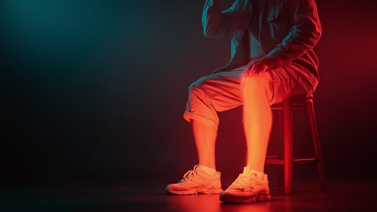A Moody Exploration of Leg Pain Relief: Visualizing A Journey Through Colorful Light and Shadows in an Introspective Moment of Sitting Comfortably