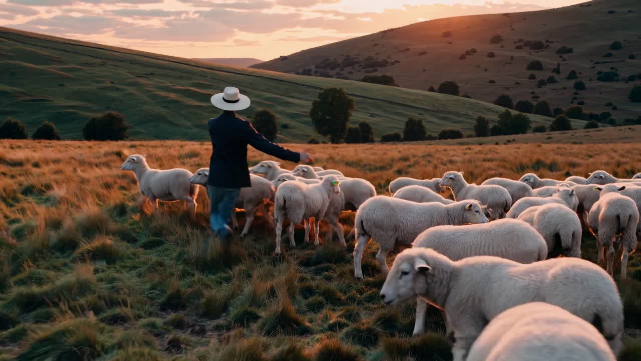 Vista aerea di un pastore che guida le pecore al tramonto, immortalando la vita pastorale