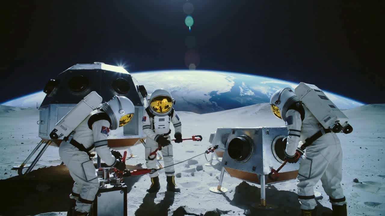 Connecting crew in white suits attaching red tether between modules on lunar plain after tool tweak