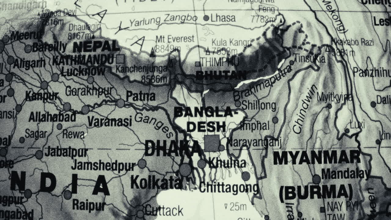 Close-up of a grayscale map showing South Asia