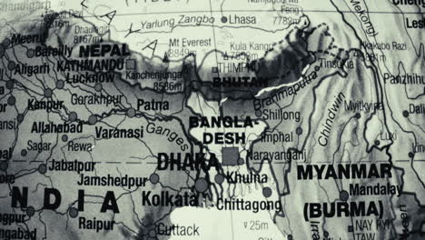 Close-up of a grayscale map showing South Asia
