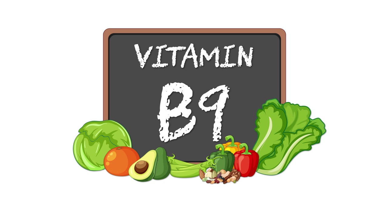 Appare una lavagna con il testo Vitamina B9, circondata da frutta e verdura animate e salutari su sfondo bianco