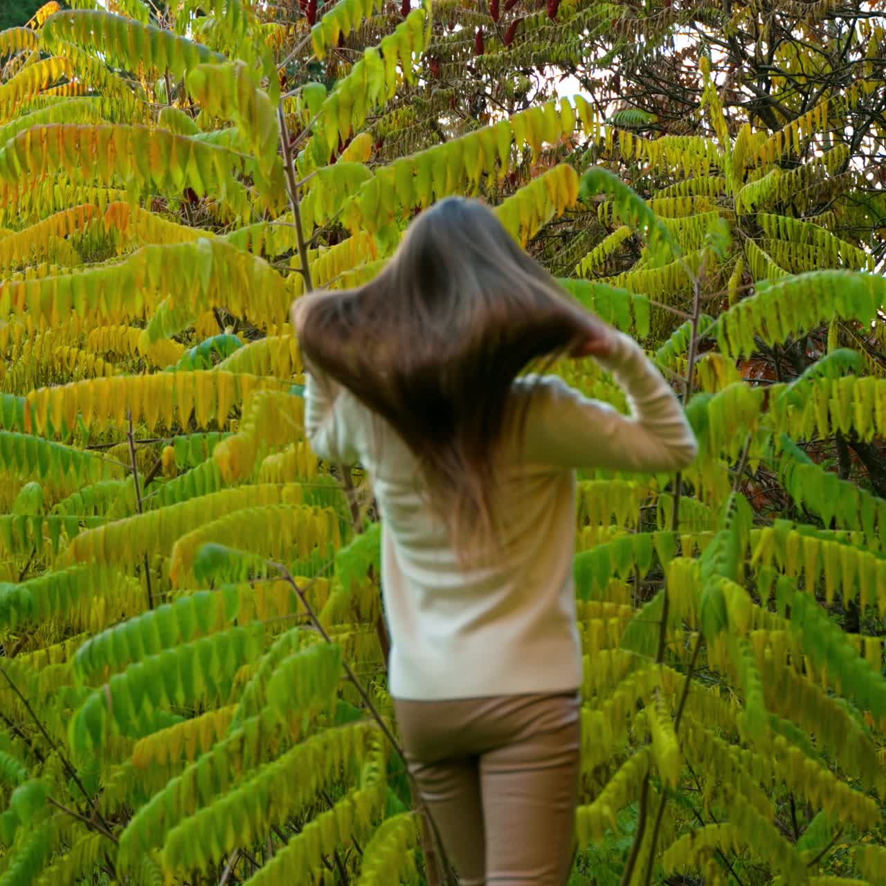 Beautiful slender lady waving her hair and posing outdoors. Time-spending in the nature in autumn season