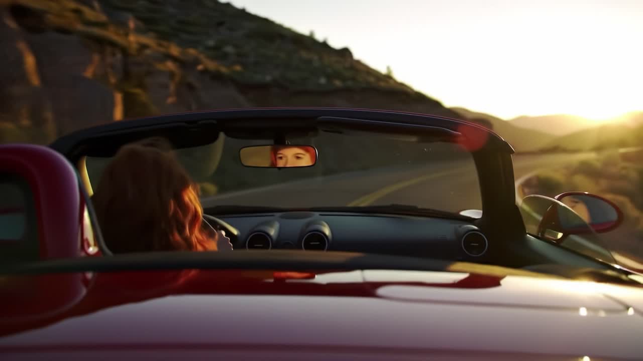 A person drives a bright red convertible down a picturesque mountain road as the sun sets, casting golden light on the scenery and enhancing the sense of adventure and freedom.