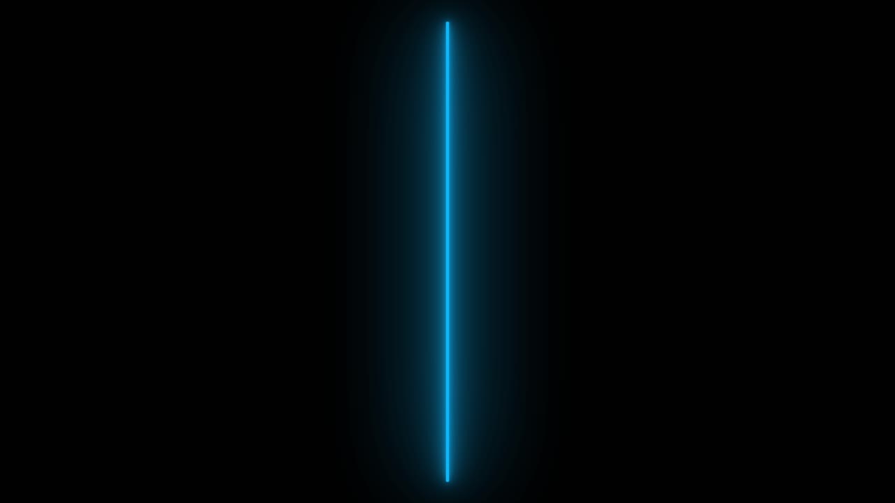 Minimalist animation of glowing vertical blue neon line or light saber effect on isolated black background. Seamless loop for tech, sci-fi, abstract visuals