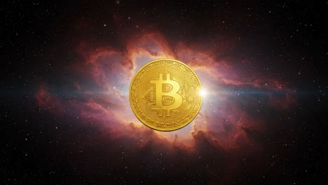 the evolving landscape of cryptocurrency: a golden bitcoin amidst a stellar cosmic background, symbolizing innovation and digital currency exploration