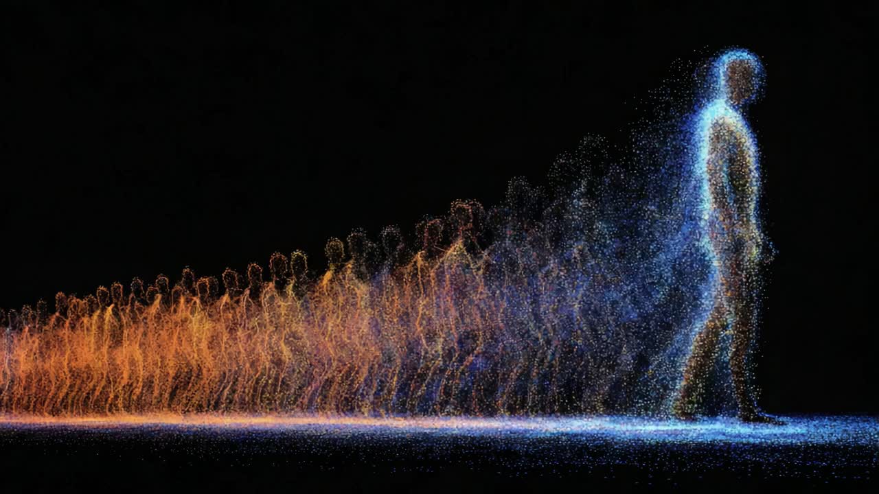 Abstract animation depicting a unique blue spiritual being walking away and separating from a group of orange figures, symbolizing individuality, leadership, progress, and metaphysical evolution