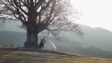 newlyweds. caucasian groom with bride on mountain slope. wedding couple. happy