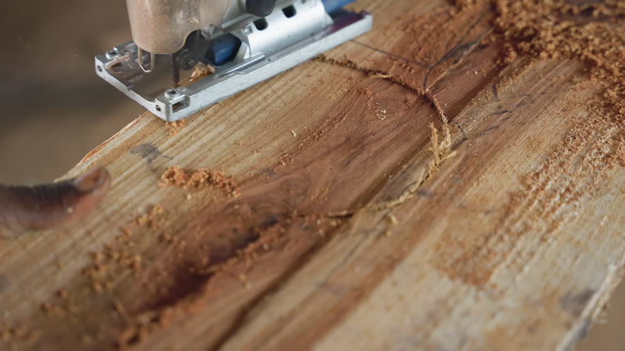 Nahaufnahme einer Stichsäge, die gekrümmtes Holz schneidet. Eine Holzbearbeitungsszene zeigt einen langsamen, glatten Schnitt. Warmes Werkstattlicht beleuchtet die sichtbare Holzmaserung, feine Späne und die strukturierte Oberfläche, während die handgeführte Kontrolle und sorgfältige Kantenbearbeitung sichtbar sind.
