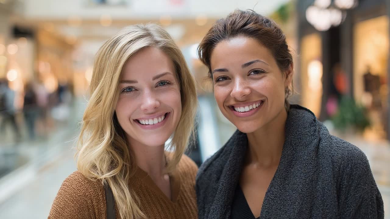 Venner som koser seg på et travelt kjøpesenter med smil om munnen