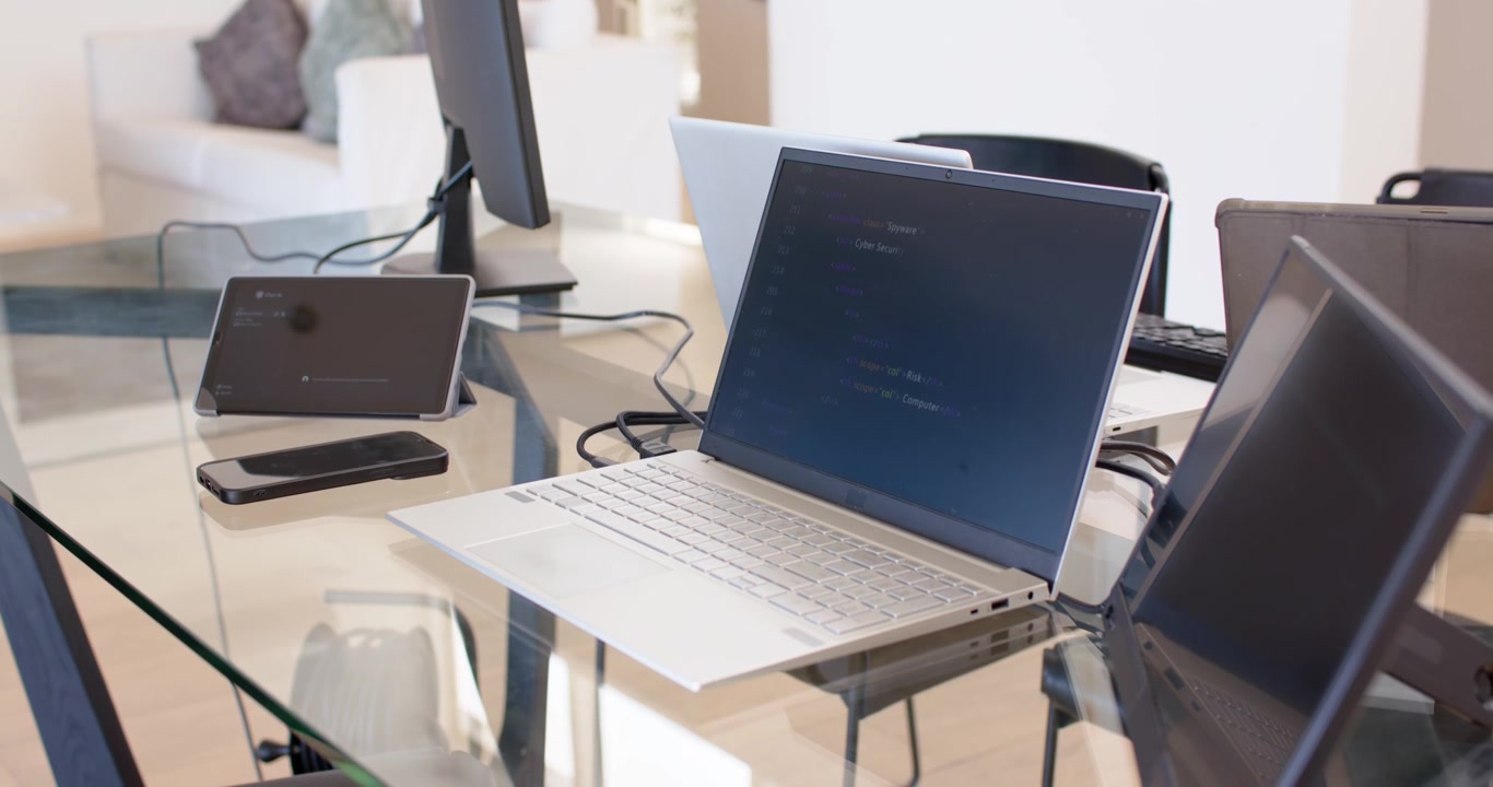 Camera panning slightly right, open laptop showing text on glass table, revealing reflections
