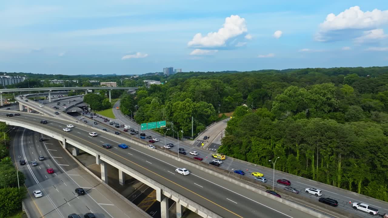 Downtown Atlanta Freeway Road Traffic In Georgia, USA - Drone Shot