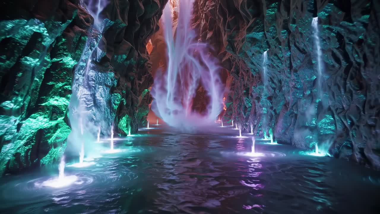 Vibrant waterfall cascading into a glowing cave with colorful lights reflecting off the rocky walls and water surface creating a mesmerizing scene