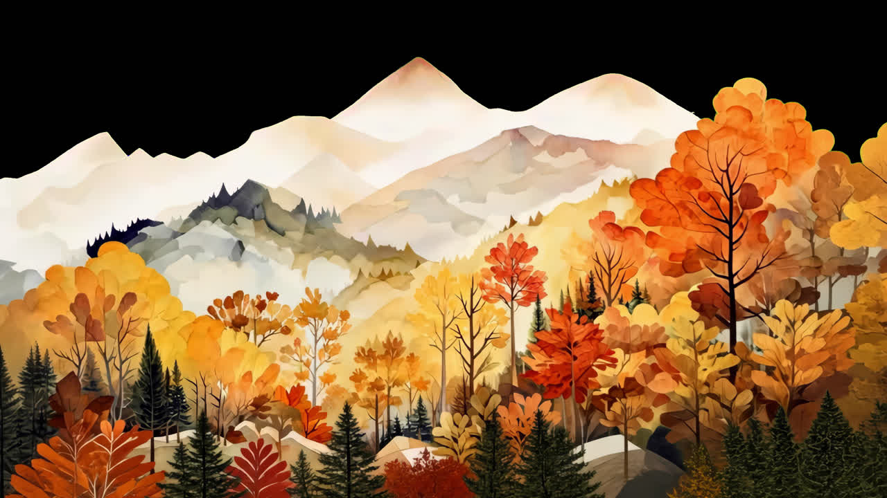 Watercolor Autumn Mountain Landscape