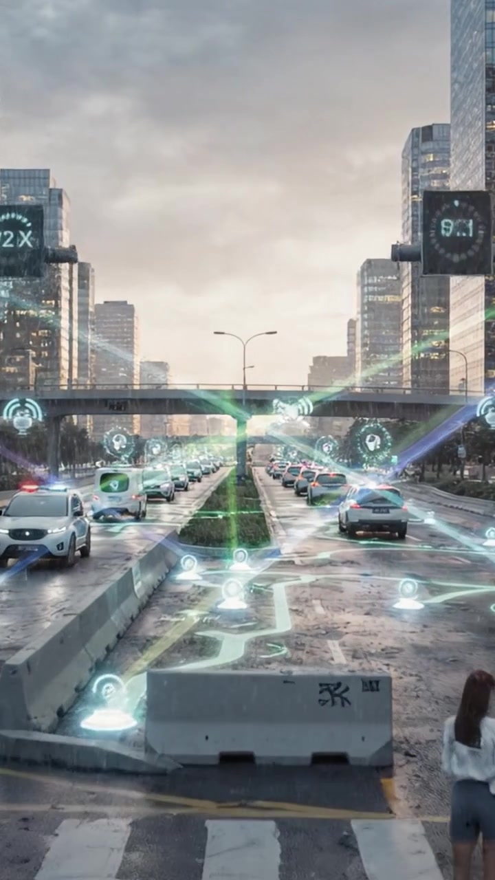 Urban Traffic Evolution: A Transition from Conventional Vehicles to Smart Infrastructure with Digital Enhancements in a Modern Cityscape.