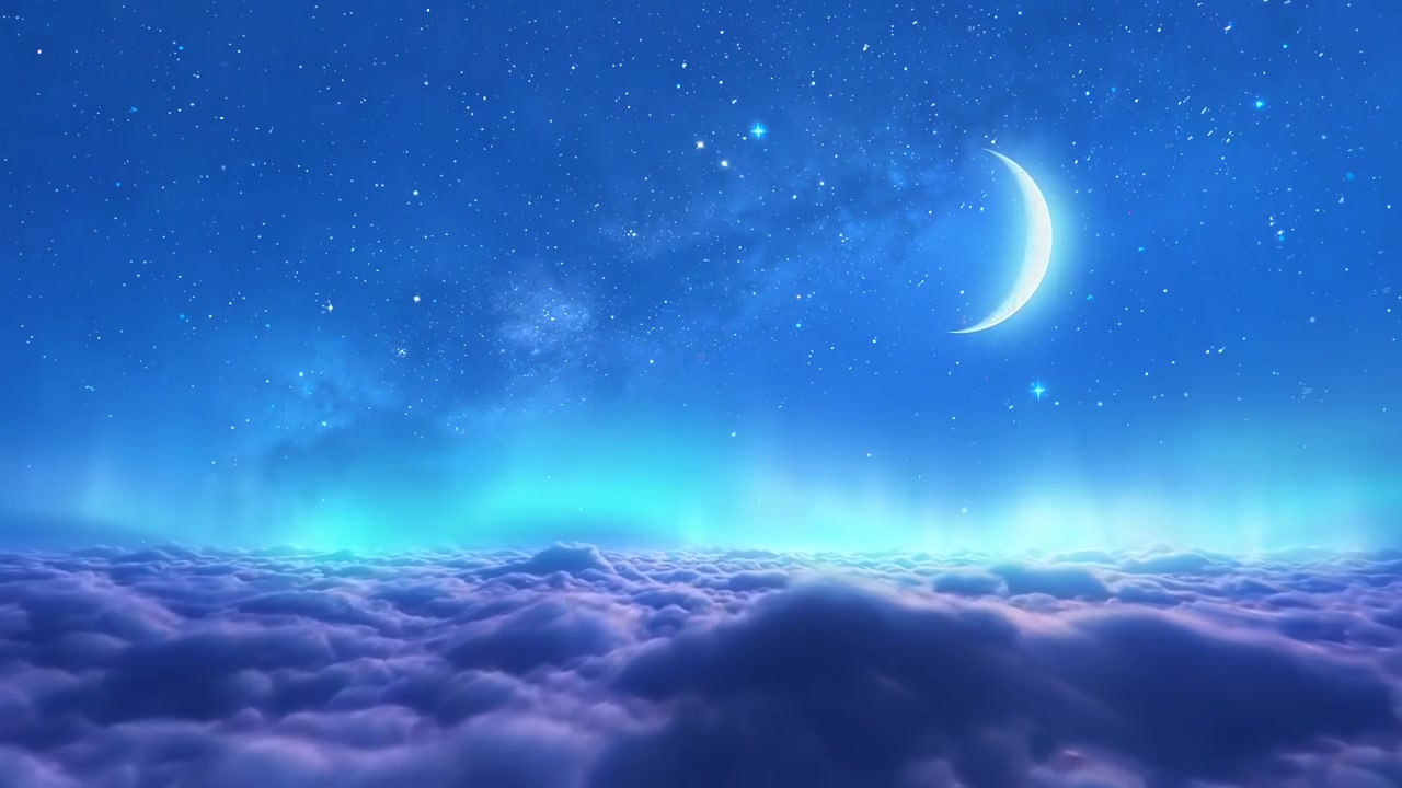 Crescent Moon Above Clouds With Aurora Borealis