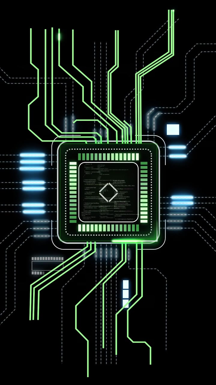 Microchip with green circuits and data flow animation on black background