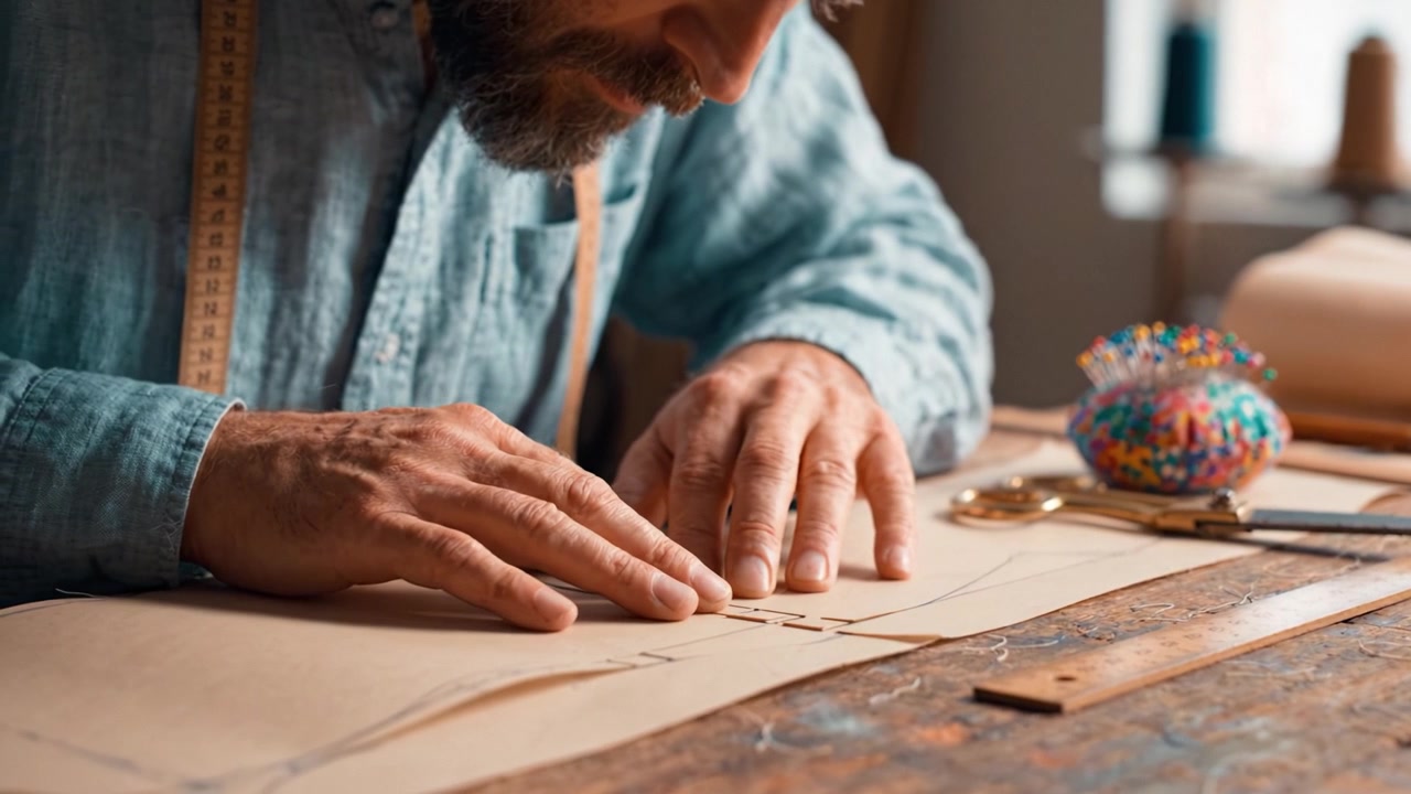A skilled artisan meticulously crafts a pattern from fabric in a well-lit workshop, showcasing the intricate process of tailoring with careful precision.