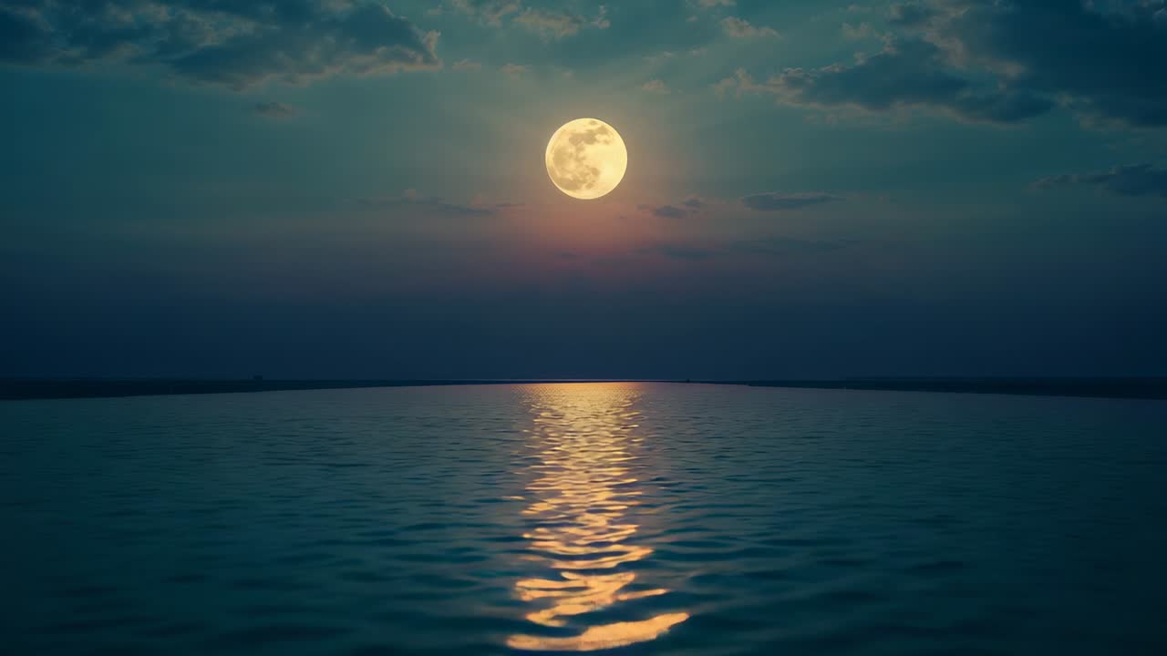 Fading dusk bringing full moon staying over ocean, clouds drifting and ripples reflecting moonlight