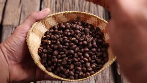 coffee beans peaberry small size picking falling bamboo basket log wooden background. selective focus on foreground with copy space.