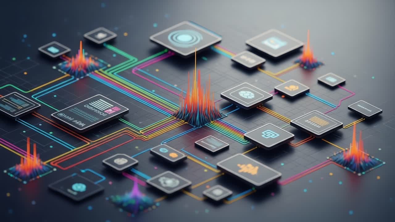 An intricate digital representation of interconnected data streams, showcasing vibrant graphical elements and dynamic patterns that illustrate the flow of information and analysis