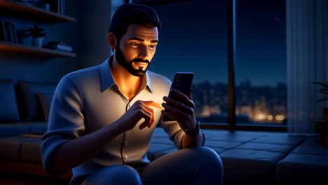 man using smartphone at night indoors