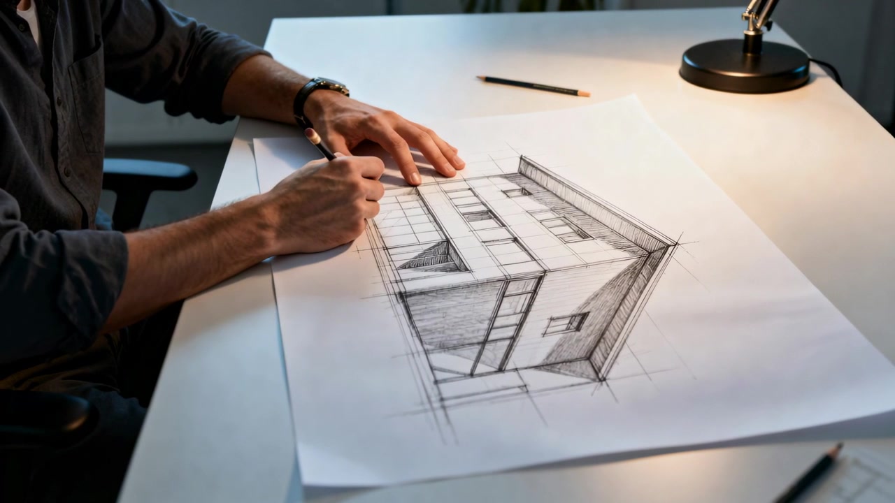 Lamp lighting, designer hands in dark shirt sketching two-story house on desk, refining perspective