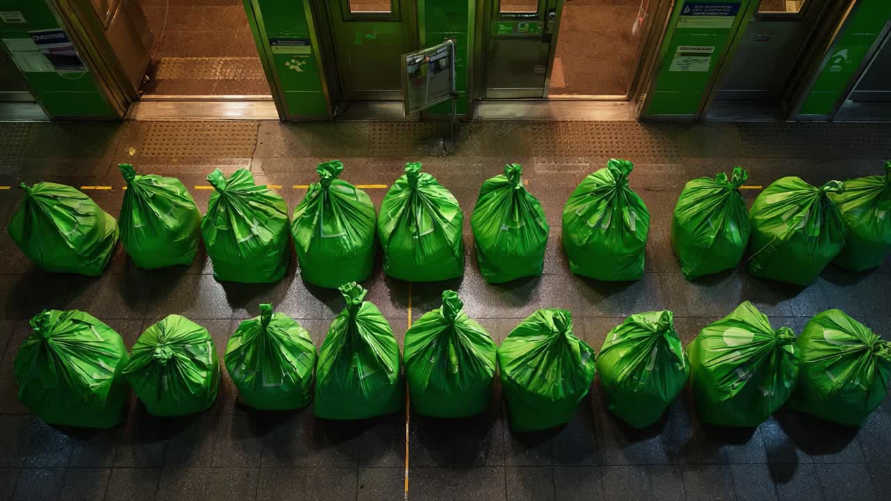 A striking scene featuring an organized row of vibrant green garbage bags lined up near a train station entrance, highlighting urban waste management and environmental efforts