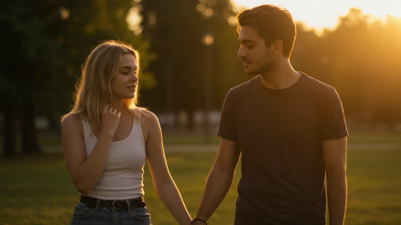 Um momento terno capturado na hora dourada, mostrando um casal caminhando de mãos dadas, compartilhando uma conexão sincera enquanto aproveitam o tempo juntos em um ambiente sereno ao ar livre.