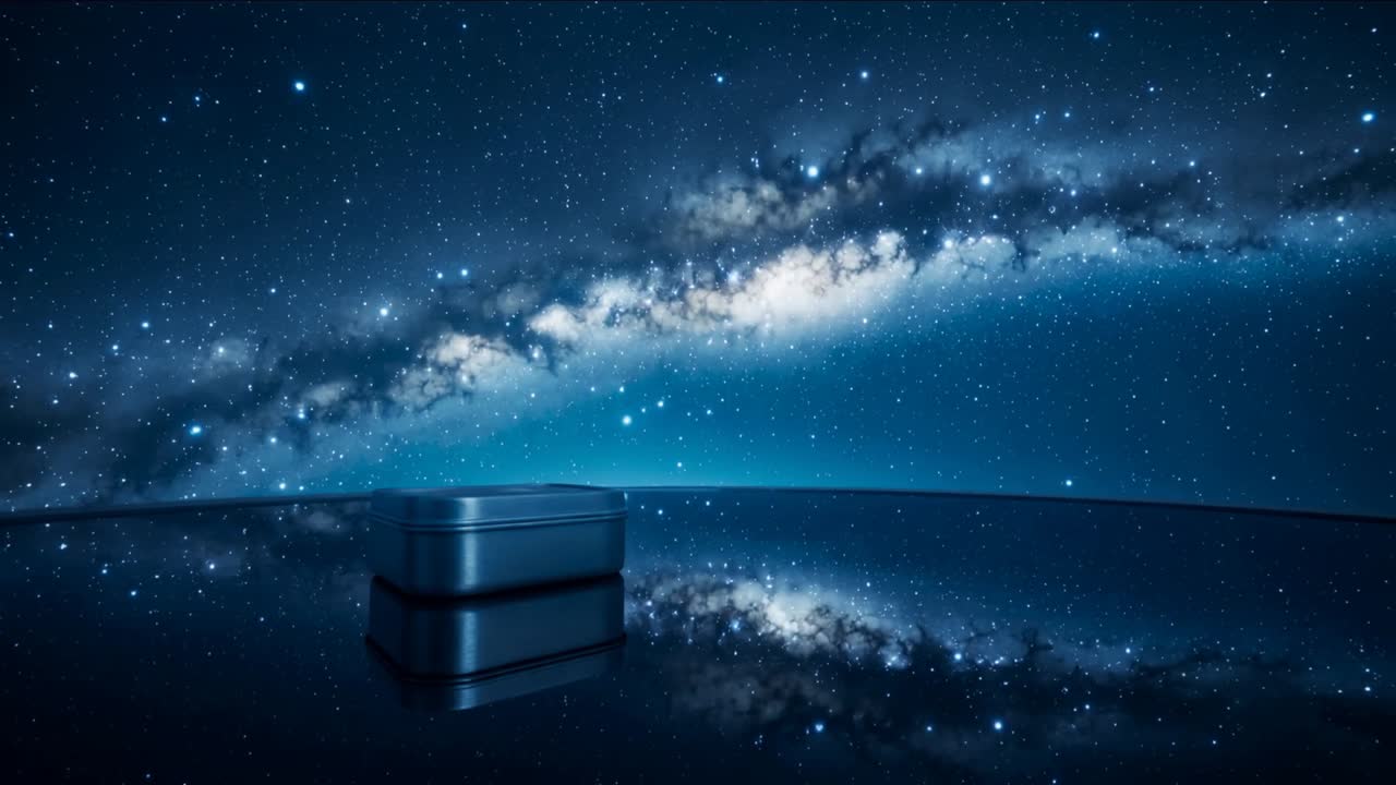 Cassa metallica impilata su uno specchio, con la telecamera che esegue una panoramica sulla riflessione scintillante e mutevole della Via Lattea per la presentazione di un prodotto.