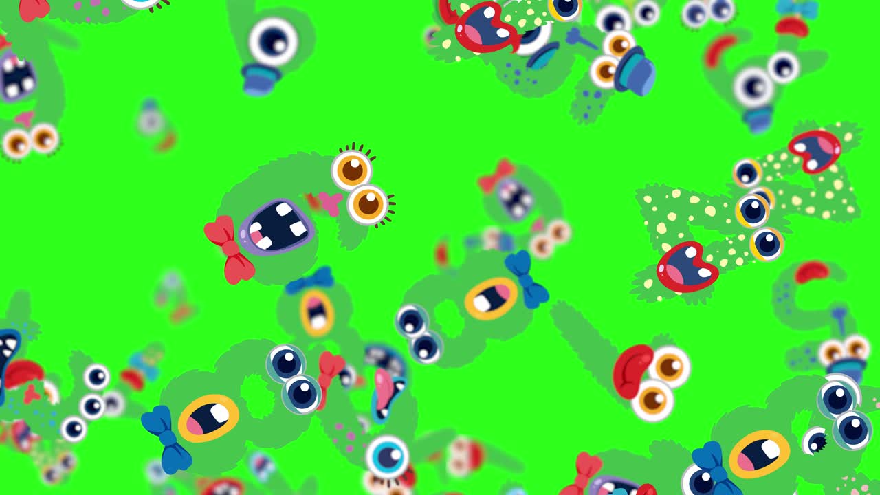 Playful monsters with expressive faces move dynamically across a bright green backdrop, creating a lively and whimsical atmosphere