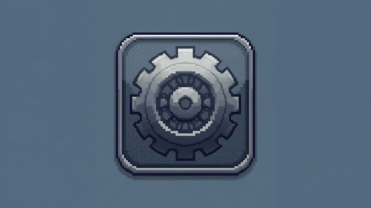 Shimmering pixel metallic gear icon auto-rotating on blue gray rounded tile, indicating settings