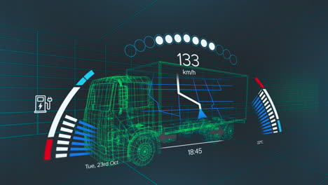 animación del procesamiento de datos del velocímetro sobre el dibujo 3d del camión