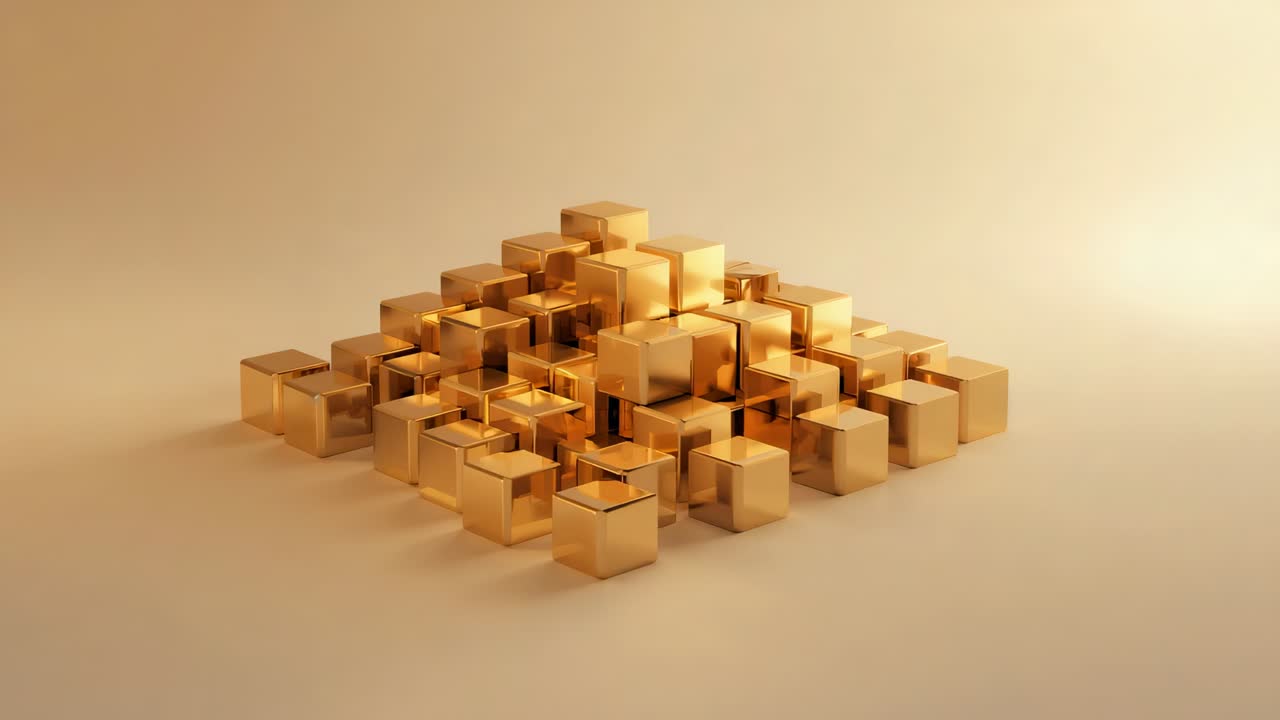 Starting camera rotation, gold cubes shifting heights, glinting on plane in studio, showing form