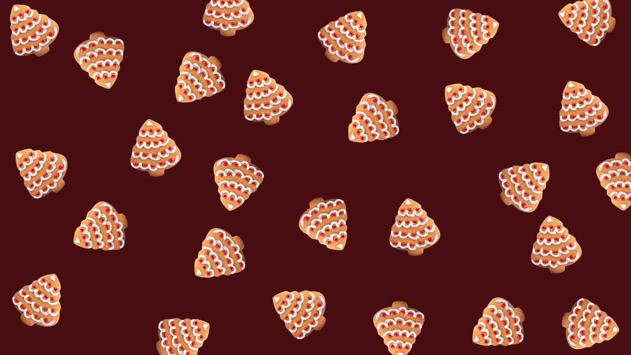 버곤디 색의 배경에서 흔들리는 쿠키 모양의 크리스마스 트리와 함께 원활한 루프 애니메이션