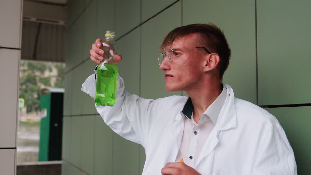 Botany student in white coat standing on porch during break, chewing pastry and carefully observing bottle of green juice before sipping, leaning against wall in relaxed urban outdoor atmosphere