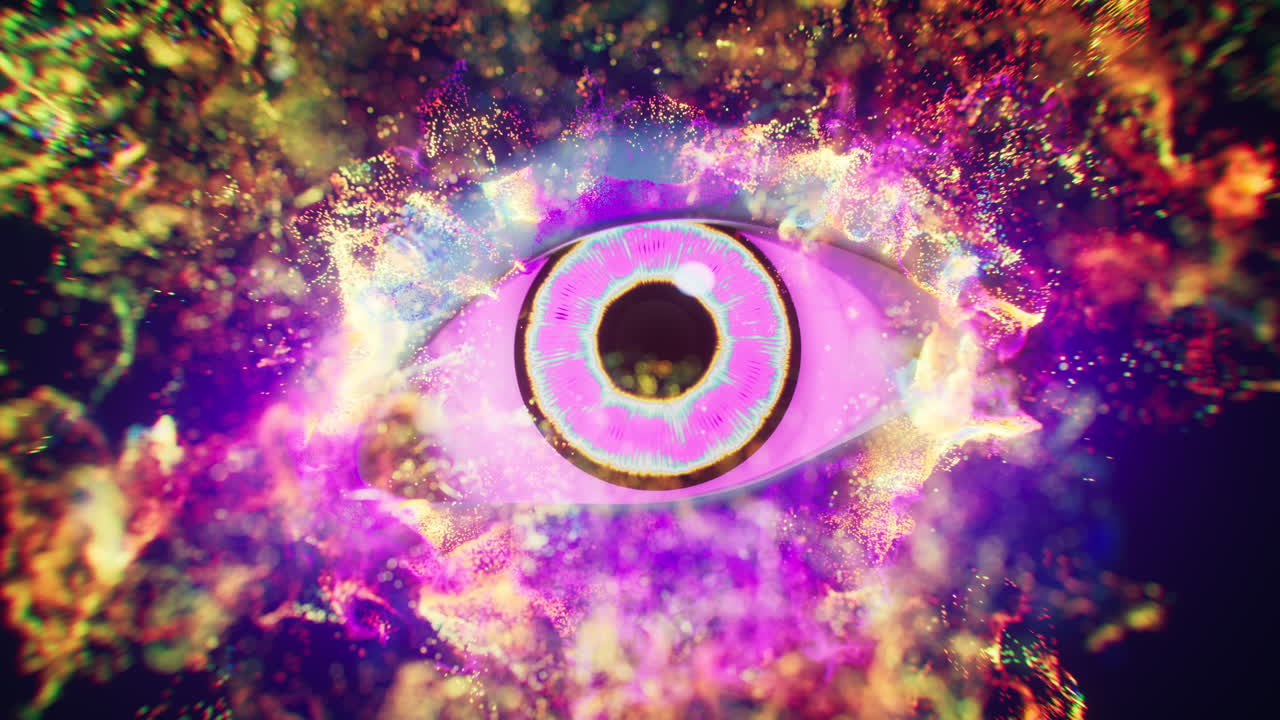 An eye in the dark with vfx particles, 3d rendering.