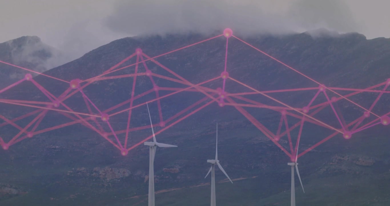 Pink network mesh appearing over wind turbines, pulsing nodes and shifting to visualize energy flow