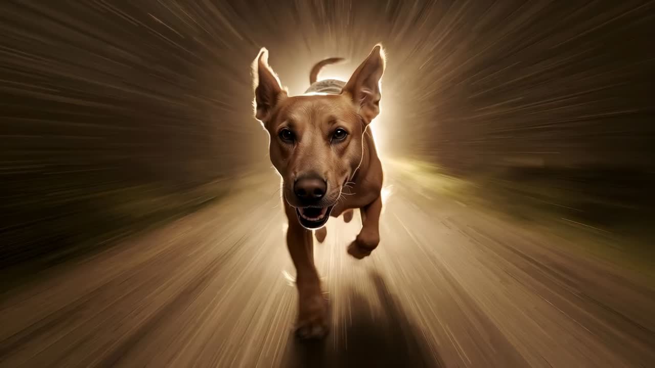Un perro de color canela medio cargando hacia la cámara en un estudio con collar y halo, emergiendo de un túnel de luz.