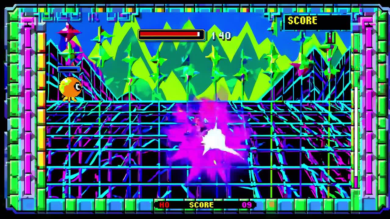 Pixelated characters battling within glitchy retro videogame environment, featuring distorted grid background and classic score display representing vintage arcade gaming