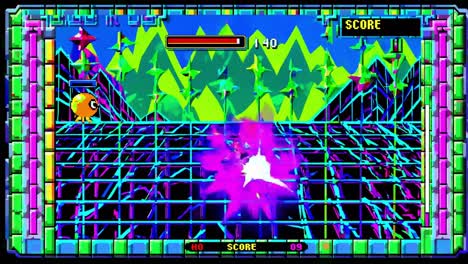pixelated characters battling within glitchy retro videogame environment, featuring distorted grid background and classic score display representing vintage arcade gaming