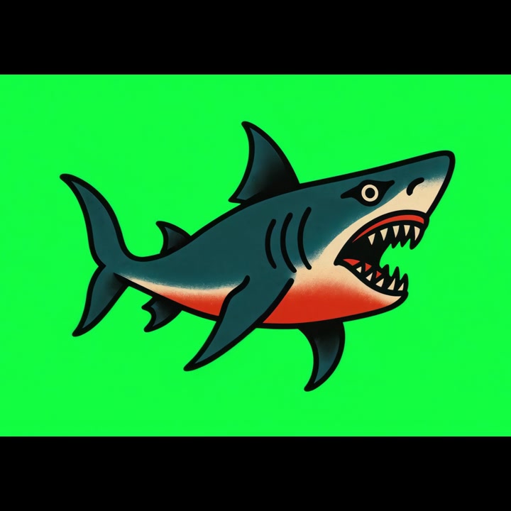 Traditional Tattoo Style Shark Illustration on Green Screen