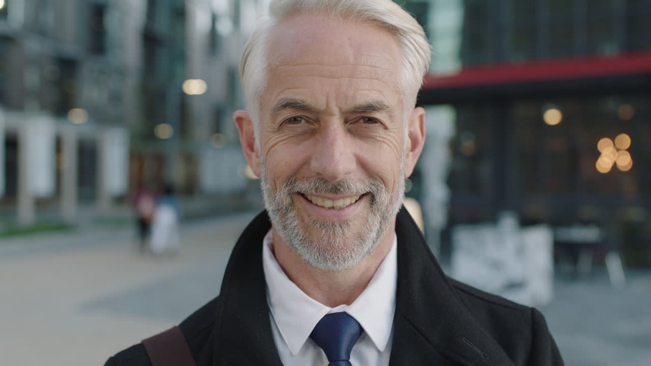 코트를 입고 웃는 전문 사업가 지도자의 초상화 도시 배경